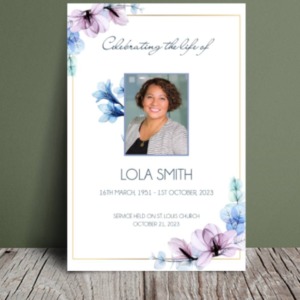A tasteful funeral program adorned with a delicate arrangement of blue and pink lilies, conveying a sense of love, grace, and remembrance—a heartfelt tribute for a cherished individual.