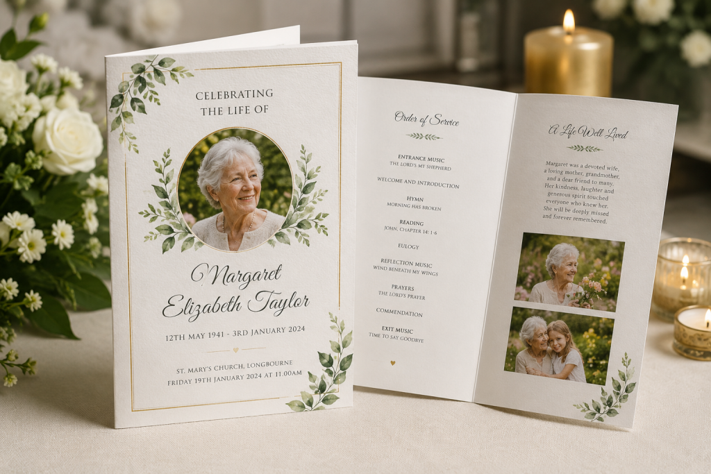 Bespoke funeral order of service booklet professionally designed and printed in the UK