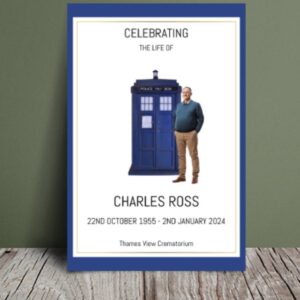 A funeral program designed with elements inspired by Doctor Who, featuring a TARDIS, time vortex, and swirling galaxies, evoking the sense of time travel and adventure—a fitting tribute for a fan of the iconic TV series.