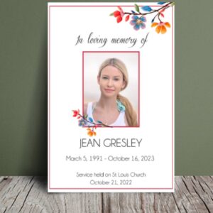 A tasteful funeral program featuring colourful and delicate floral designs, evoking a sense of peace and beauty—a serene tribute for a cherished individual.