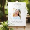 Funeral sign board printed with white roses and photo