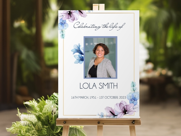Blue and pink lilies funeral memorial sign board 115 - Free Funeral Order of Service Template