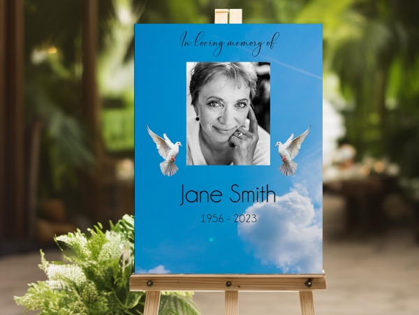Blue sky with doves funeral memorial sign board 129 - Free Funeral Order of Service Template