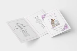 Elegant Purple Floral with Thin Purple Border Funeral Order of Service Template - Sophisticated design featuring purple florals framed by a delicate thin border, symbolizing grace and dignity. Customizable layout, high-quality print, and easy to use, perfect for creating a heartfelt funeral or memorial service program