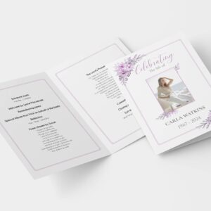 Elegant Purple Floral with Thin Purple Border Funeral Order of Service Template - Sophisticated design featuring purple florals framed by a delicate thin border, symbolizing grace and dignity. Customizable layout, high-quality print, and easy to use, perfect for creating a heartfelt funeral or memorial service program