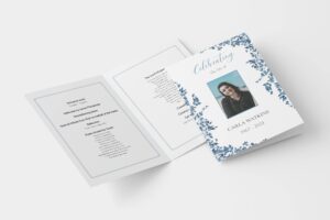 Delicate dark blue floral leaves funeral order of service template 149