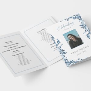 Delicate dark blue floral leaves funeral order of service template 149