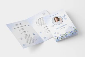 Elegant Blue Flowers and Butterflies Funeral Order of Service Template 158