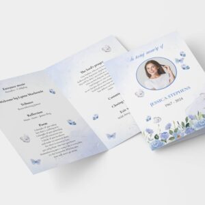 Elegant Blue Flowers and Butterflies Funeral Order of Service Template 158