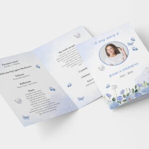Elegant Blue Flowers and Butterflies Funeral Order of Service Template 158