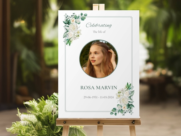 White rose funeral memorial photo board - Free Funeral Order of Service Template