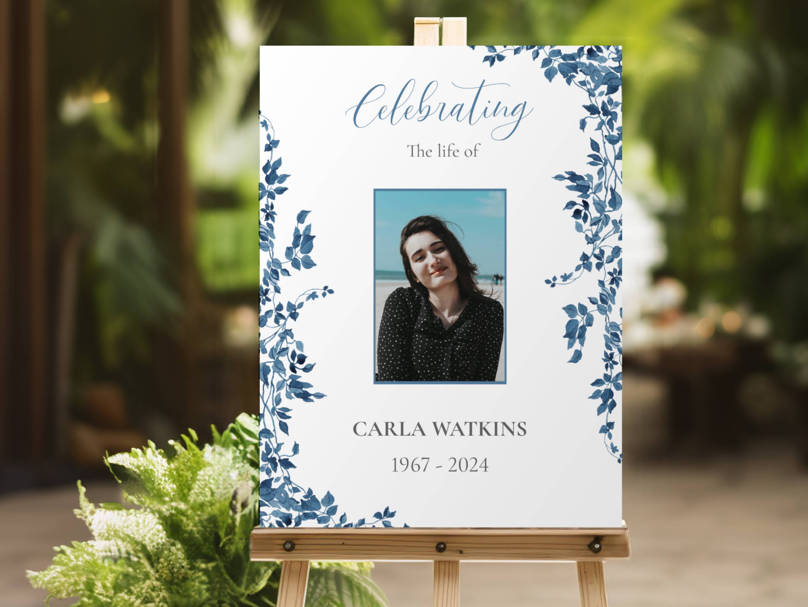 Delicate Dark Blue Floral Leaves Funeral Memory Board - Free Funeral Order of Service Template