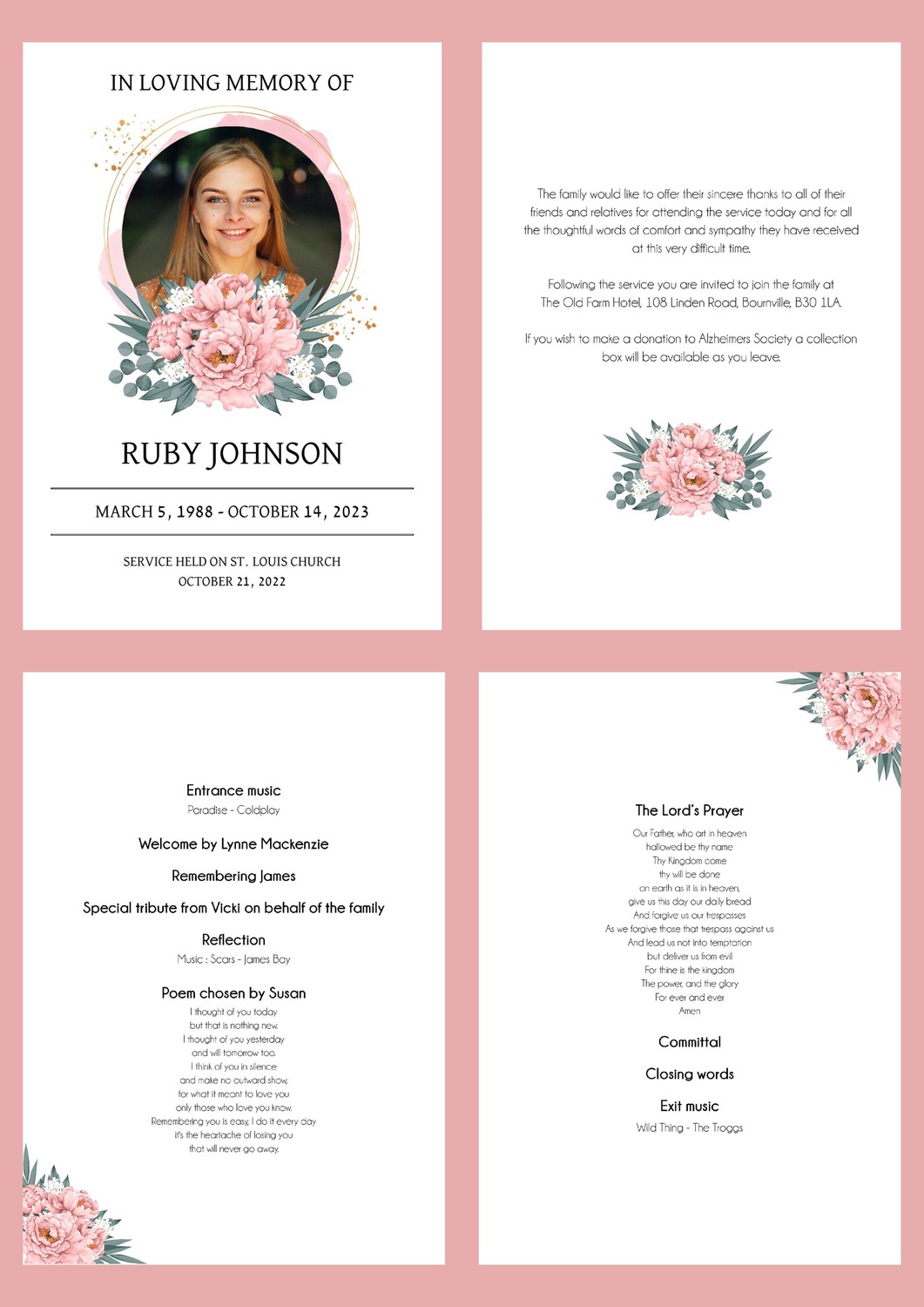 Personalised floral A5 funeral order of service booklet example
