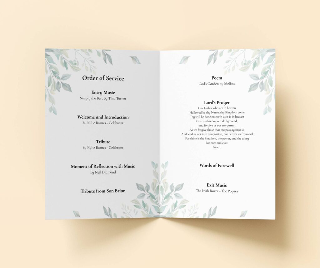 Inside pages of funeral order of service (Example)