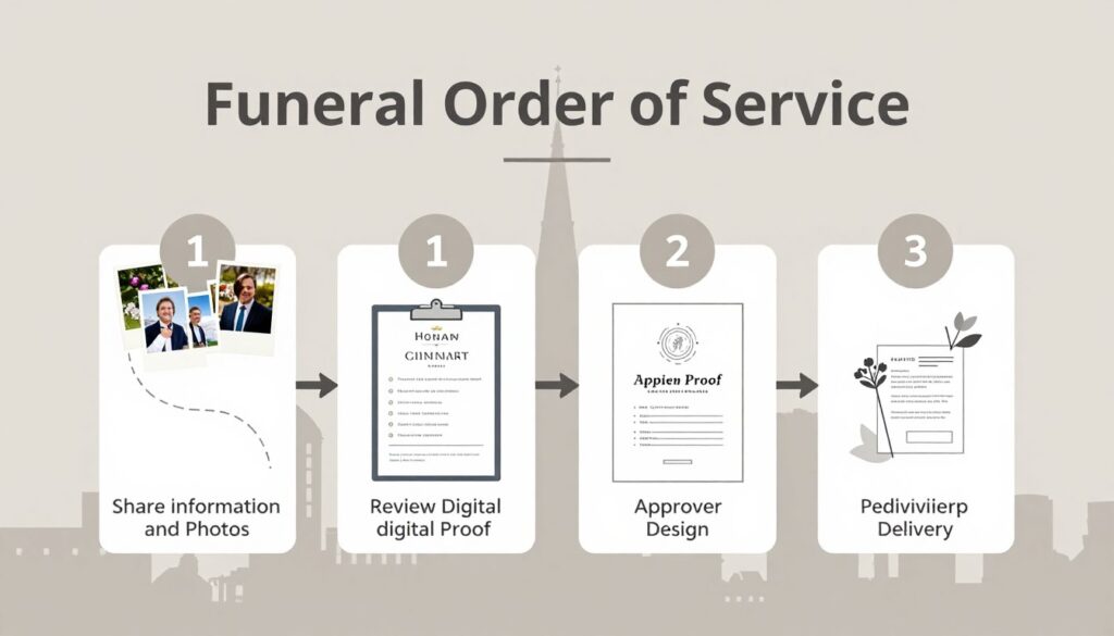 The process of creating a Funeral Order Of Service in London shown in steps